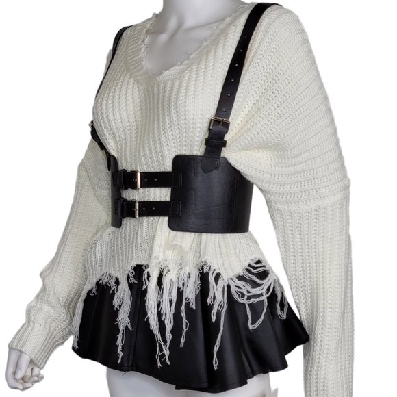 Leather Vintage Style Suspender Belt, Distressed Sweater, and Peplum Skirt - Picture 7 of 8